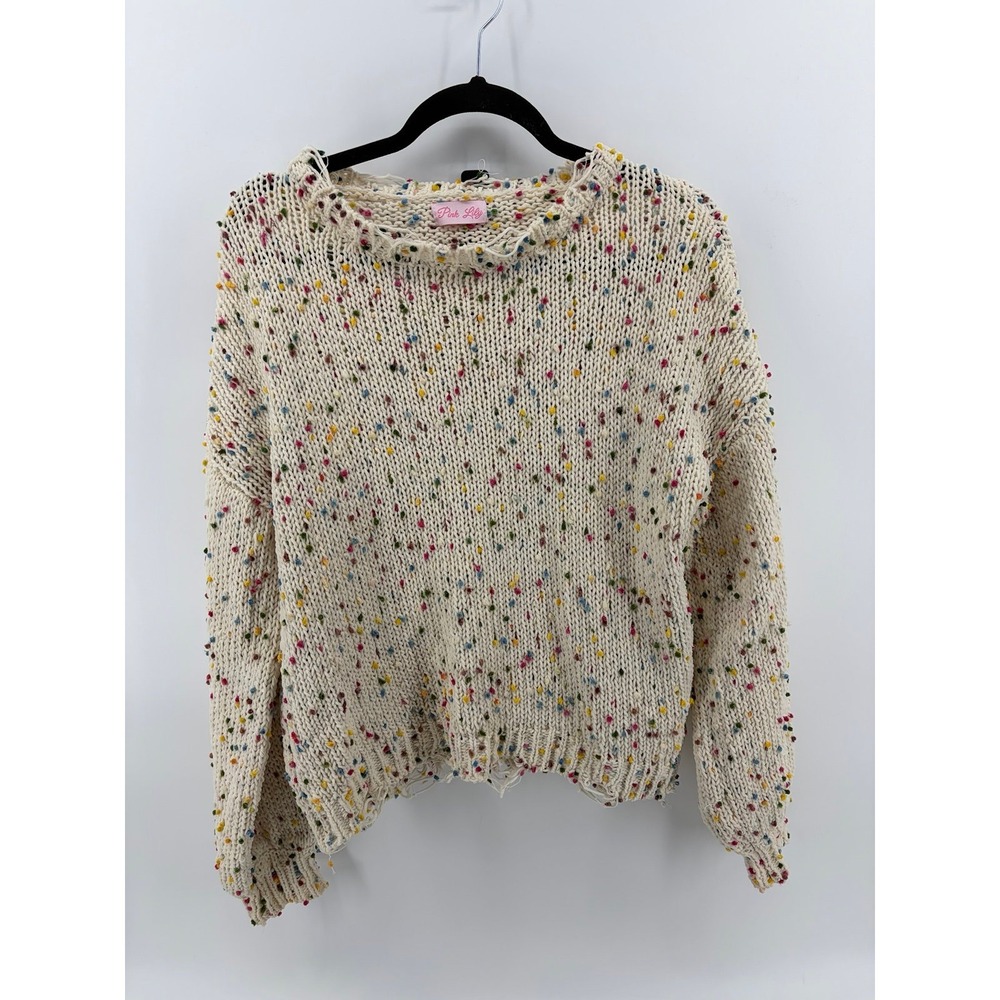 Pink Lily, Confetti Knit Distressed Sweater, Cream M Whimsical, Indie, Women's S